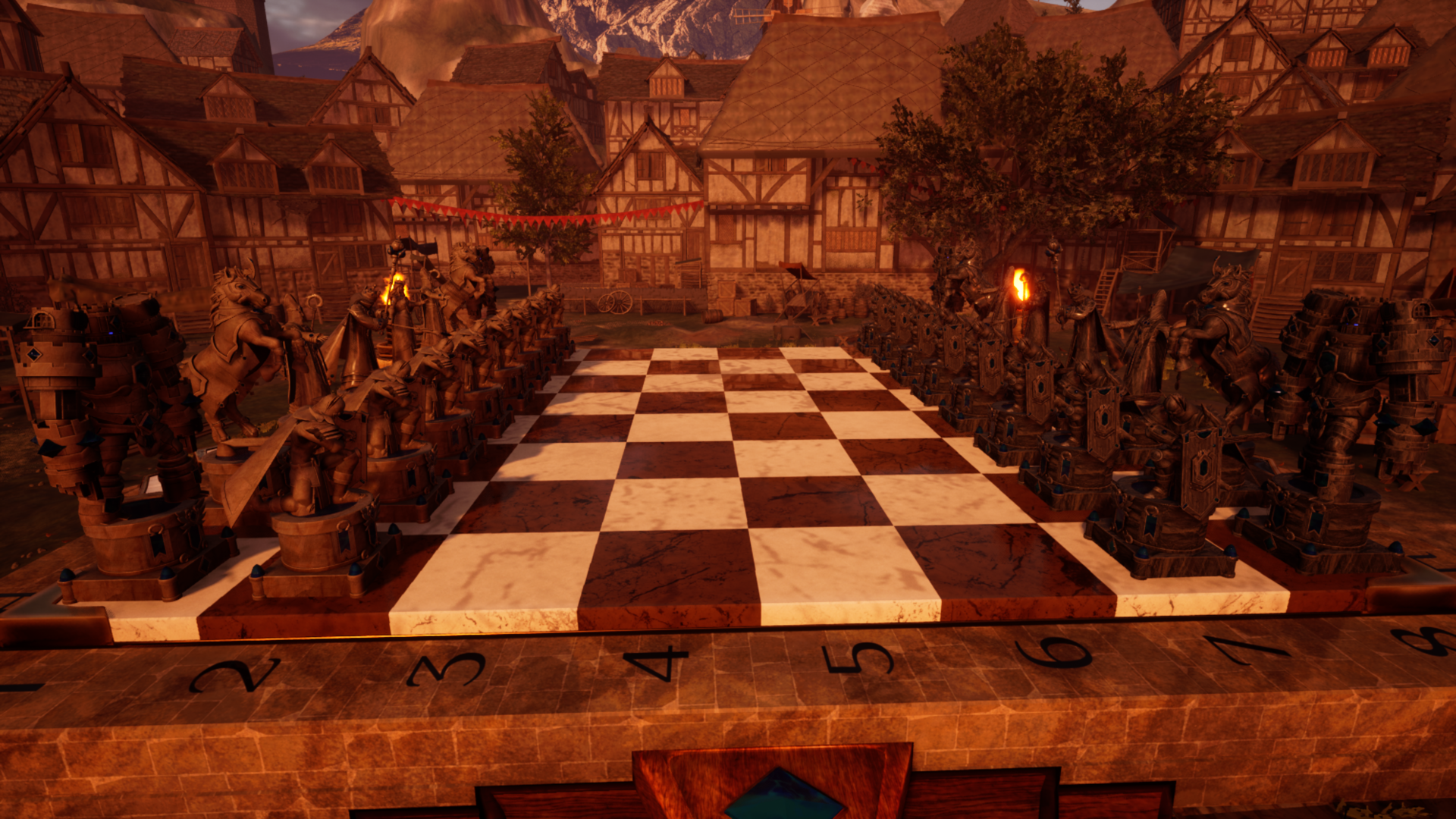 Ashes of Azalon chessboard with white and black pieces like harry potter chess