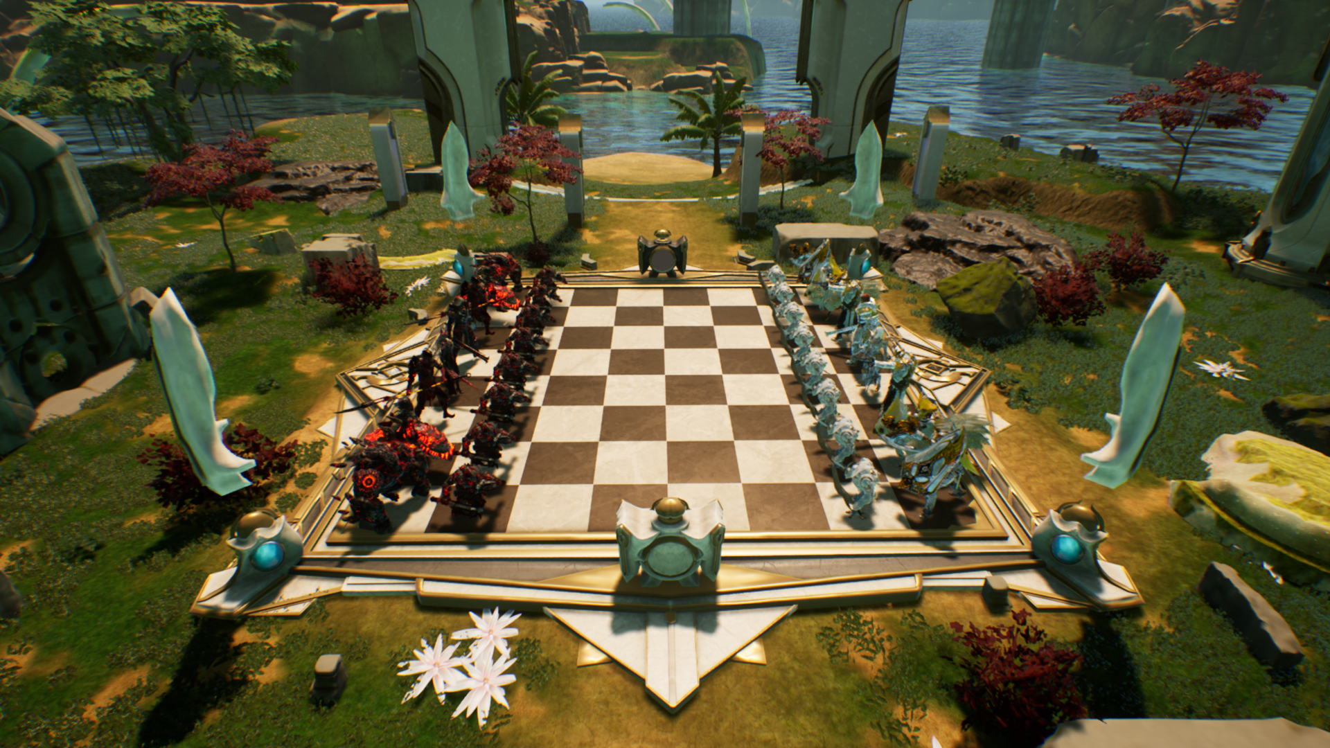 City of Gods chessboard with white and black pieces 